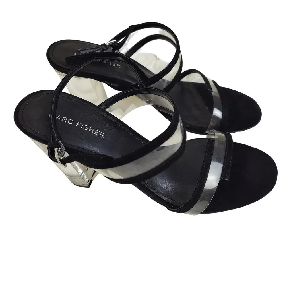 Marc Fisher Shoes Womens Size 9 Black Strappy Sandals Clear Lucite Block Heel